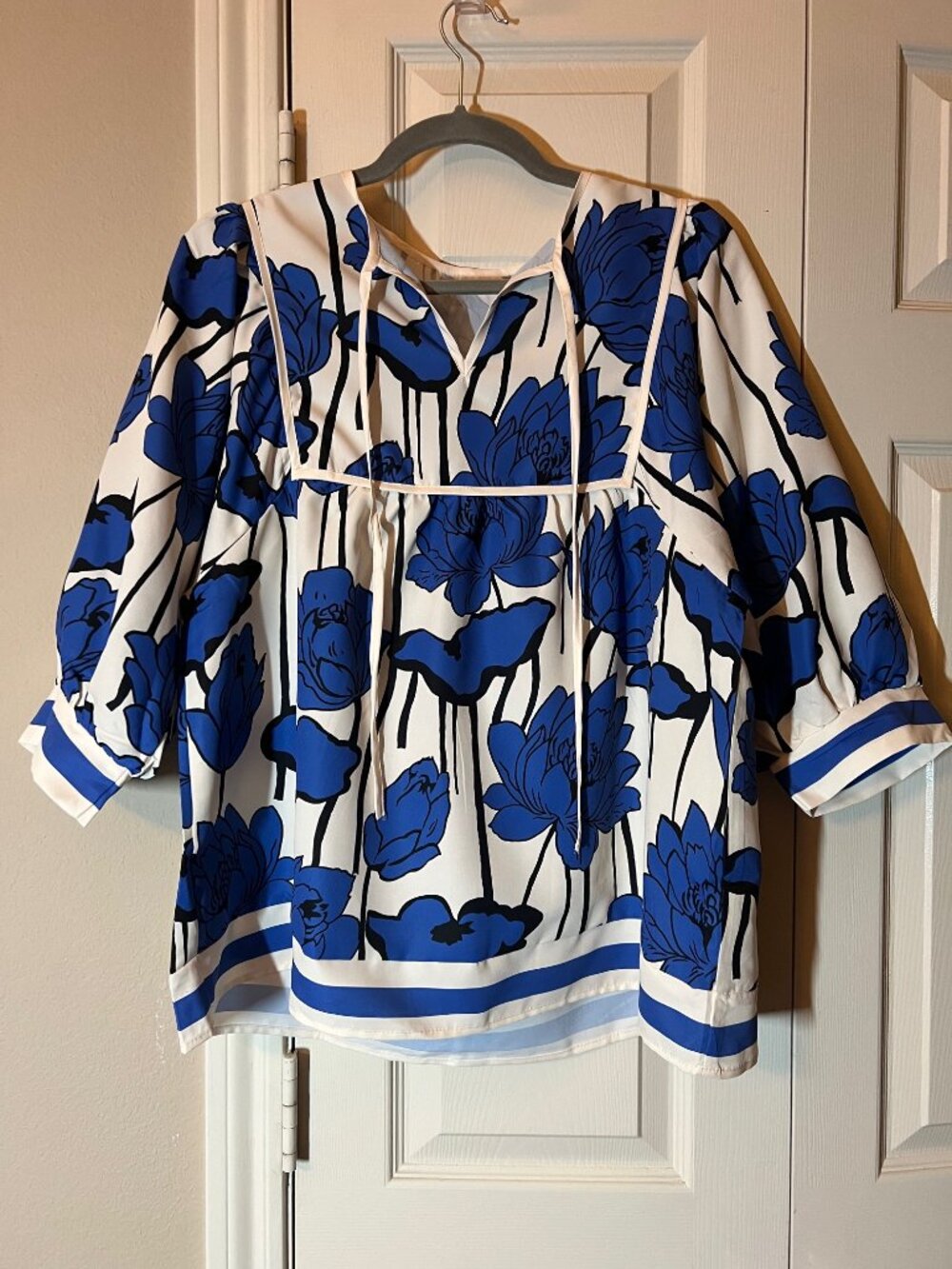 Women's Floral Print Babydoll Blouse V Neck 3/4 Sleeve Peplum Top - Medium